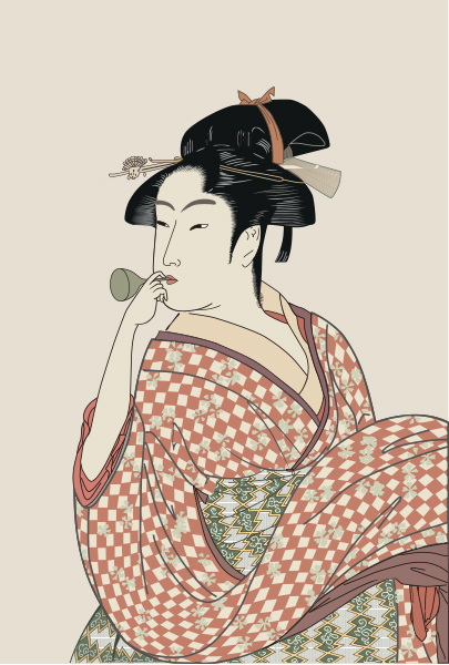 ポッピンを吹く娘のイラスト　歌麿